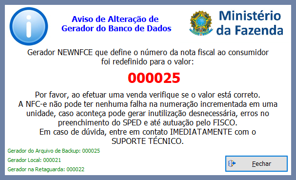 Mensagem informativa de alteração do gerador NFCe