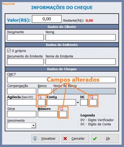 Tela de fechamento em cheque