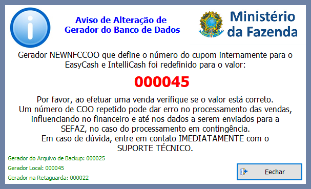 Mensagem informativa de alteração do gerador COO