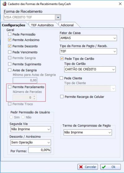 Tela de Configuração da Forma de Pagamento