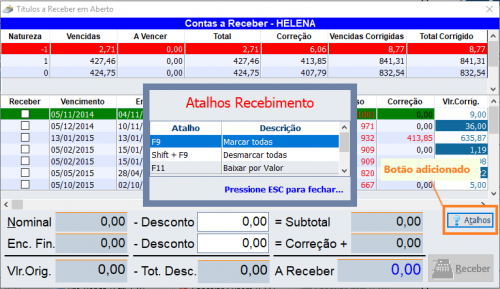 Botão e janela de atalho na tela de recebimento