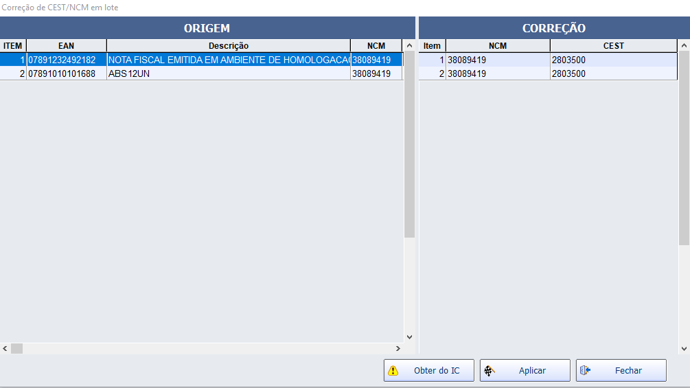 Tela de alteração de CEST/NCM em lote