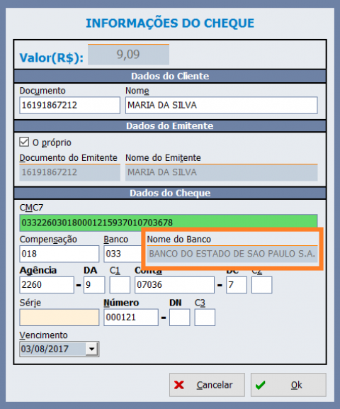 Tela de informações do cheque