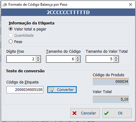  Tela de configuração do código de balança