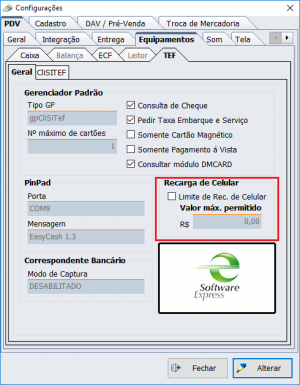 Configuração de limite para recarga de celular