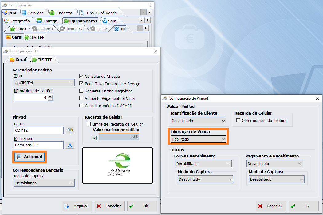  Habilitação do pinpad para receber a senha de liberação do crediário