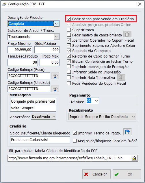  Configuração para habilitar o uso de senha nas vendas em crediário