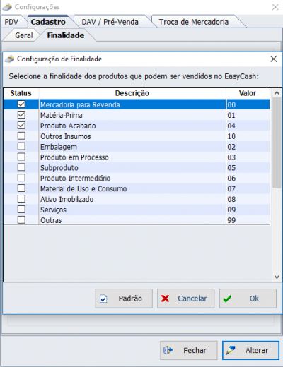 Tela de Configuração de Finalidade