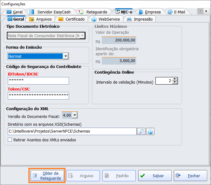  Tela de configurações da NFC-e no Servidor