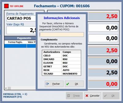 Tela de digitação NSU POS