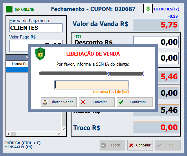  Solicitação de senha ao escolher o cliente