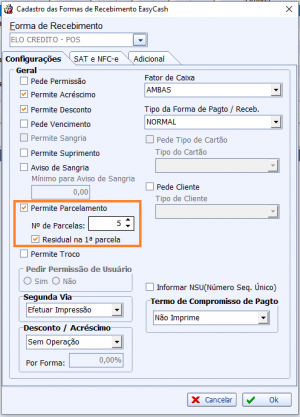 Tela de cadastro de formas de pagto com a nova configuração destacada