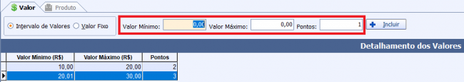 Interface da configuração da pontuação por intervalo de valor